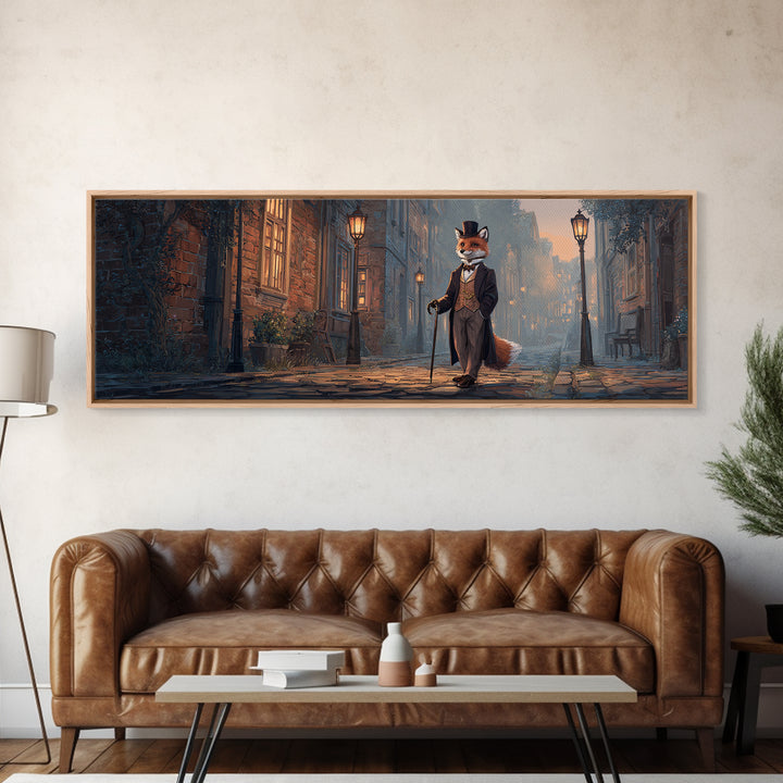 Top Hat Fox On Gaslit Cobblestone Street Wall Art, Whimsical Animal Portrait Canvas, Victorian Kids Room Nursery Decor Print