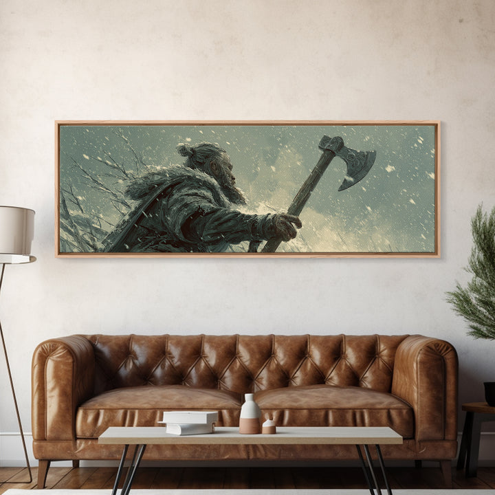 Snowy Viking Warrior With Battle Axe Wall Art, Dark Fantasy Winter Canvas Print, Nordic Masculine Office And Cabin Decor