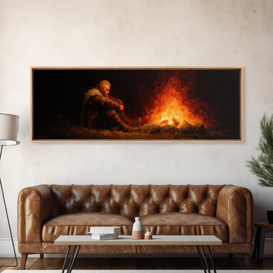 Lonely Traveler Campfire Canvas Print, Dark Fantasy Wall Art, Moody Wilderness Decor, Survival Poster, Rustic Cabin Gift