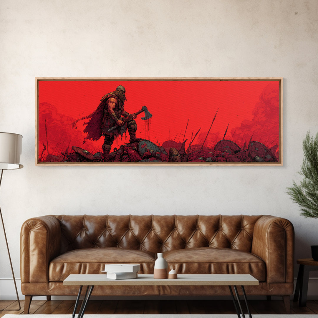 Red Berserker Axe Warrior On Fallen Battlefield Canvas Print, Dark Fantasy Viking Art, Gothic Man Cave Decor Gift For Him