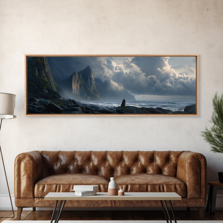 Cloaked Figure On Stormy Cliff Wall Art, Epic Coastal Fantasy Canvas Print, Moody Seascape, Dramatic Landscape Decor, Living Room Art