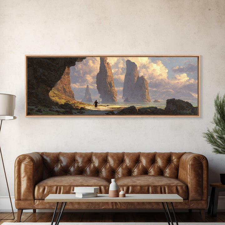 Epic Sea Cliffs With Lone Traveler Canvas Print, Fantasy Landscape Wall Art, Panoramic Coastal Decor, Adventure Art, Home Decor