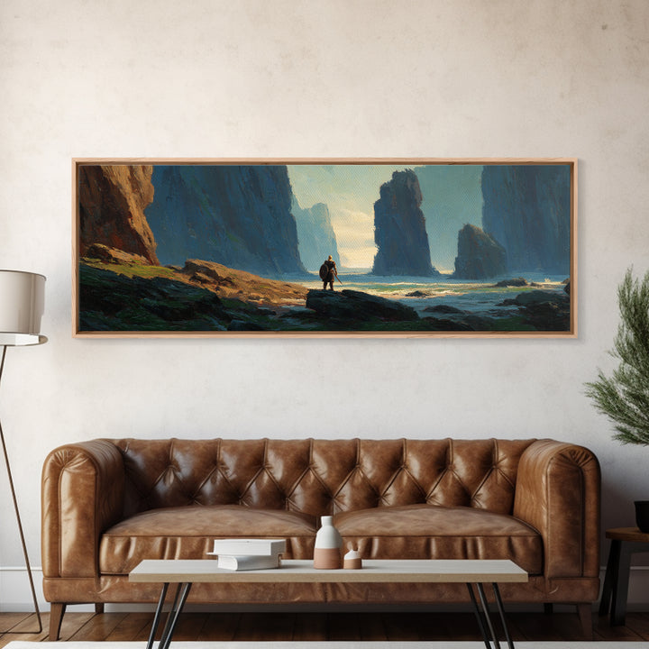 Lone Explorer In Misty Coastal Cliffs Canvas Print, Dramatic Seascape Wall Art For Living Room And Office Decor, Above Sofa Decor