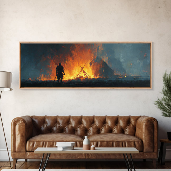 Warrior Before Blazing Village Fire Canvas Print, Dark Fantasy Wall Art, Medieval Battle Decor, Moody Rustic Home Decor Print