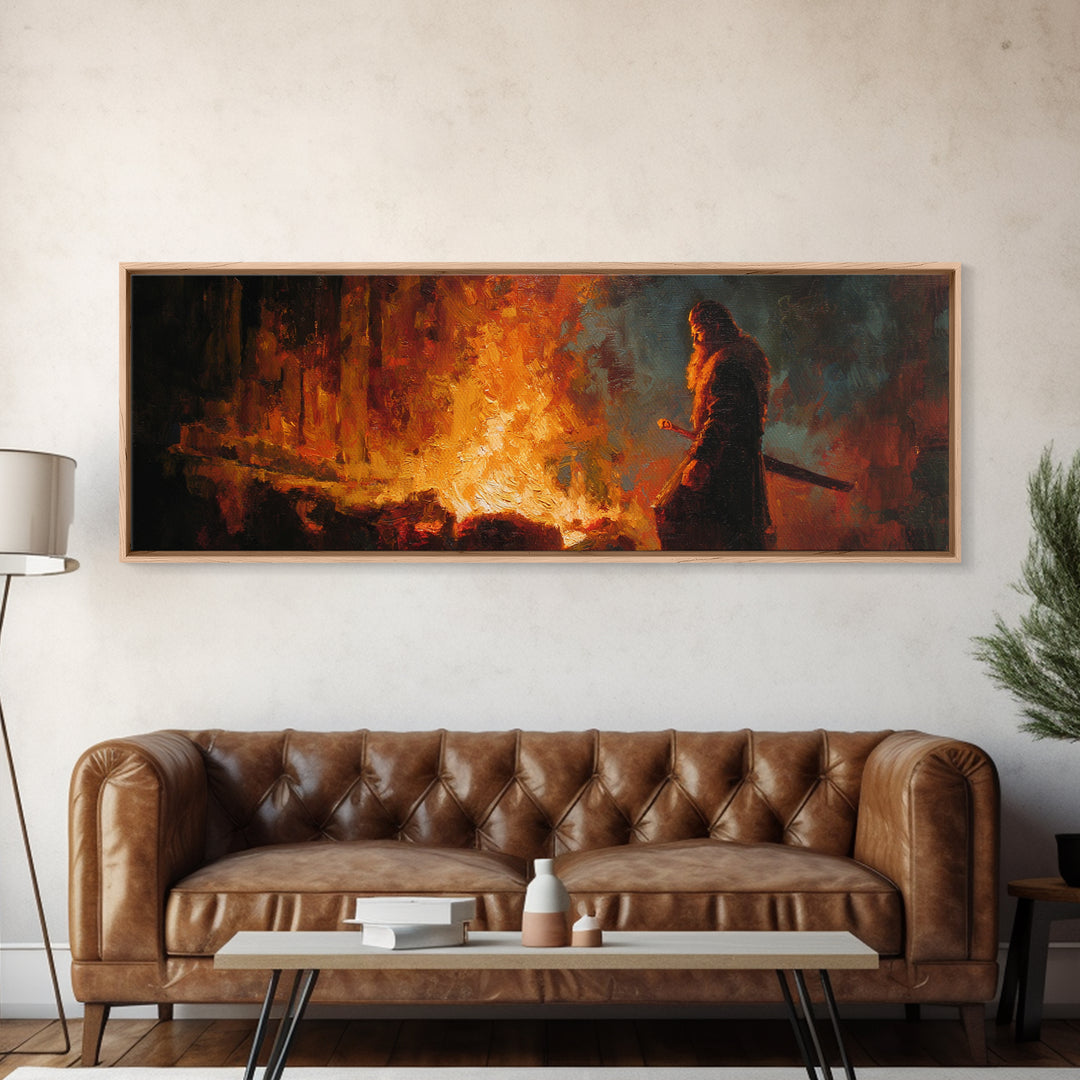 Warrior Watching Burning City Canvas Print, Dark Fantasy Fire Painting Wall Art, Moody Gothic Decor For Office Or Man Cave