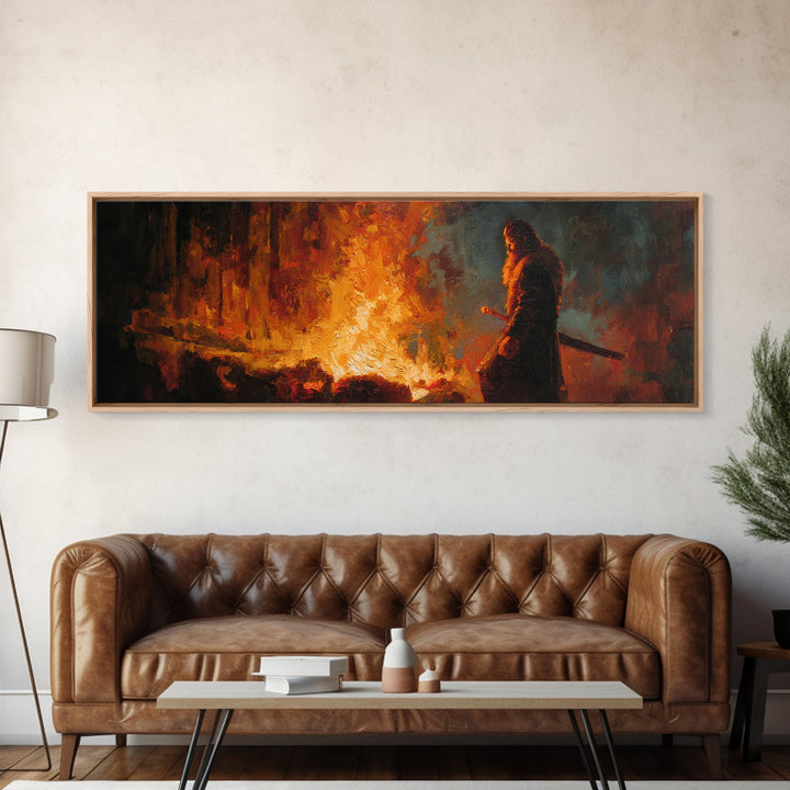 Warrior Watching Burning City Canvas Print, Dark Fantasy Fire Painting Wall Art, Moody Gothic Decor For Office Or Man Cave