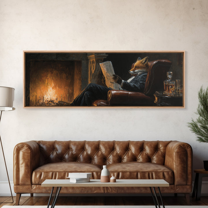 Fox Reading By Fireplace Canvas Print, Cozy Library Wall Art, Dark Academia Study Decor, Whimsical Animal Living Room Art Print