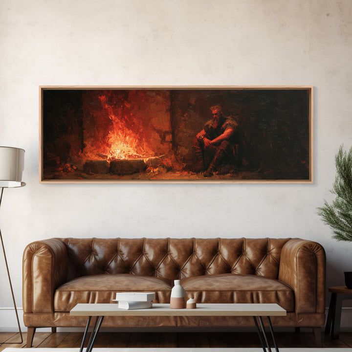 Brooding Medieval Warrior Beside Fiery Hearth Canvas Print, Moody Dark Fantasy Wall Art, Rustic Man Cave Decor Gift For Him
