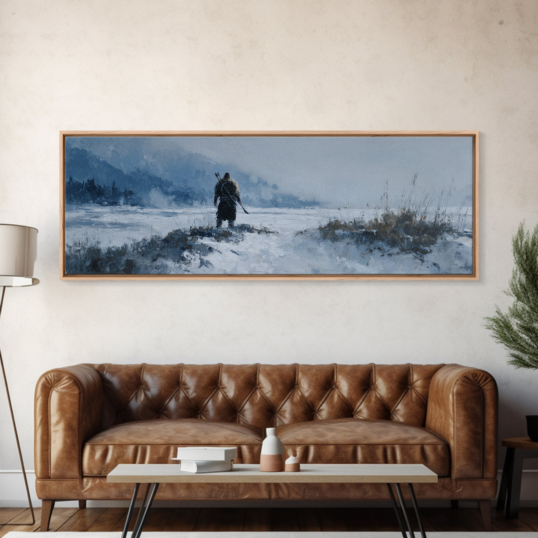 Lone Warrior Crossing Snowy Mountain Valley Wall Art, Winter Landscape Canvas Print, Rustic Cabin Decor, Adventure Gift Idea