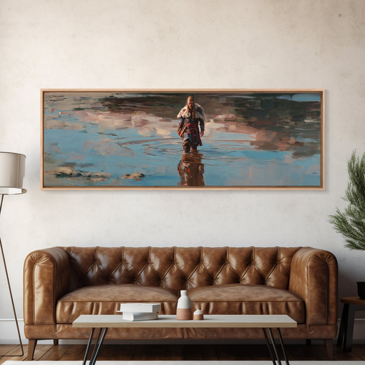 Viking Warrior Walking Through Water Canvas Print, Nordic Fantasy Landscape Wall Art, Rustic Masculine Decor For Home Office