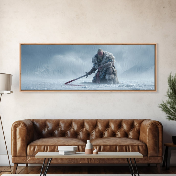 Frost Giant Warrior Kneeling In Snow Framed Canvas Print, Dark Fantasy Wall Art, Winter Mountain Decor, Epic Sword Artwork