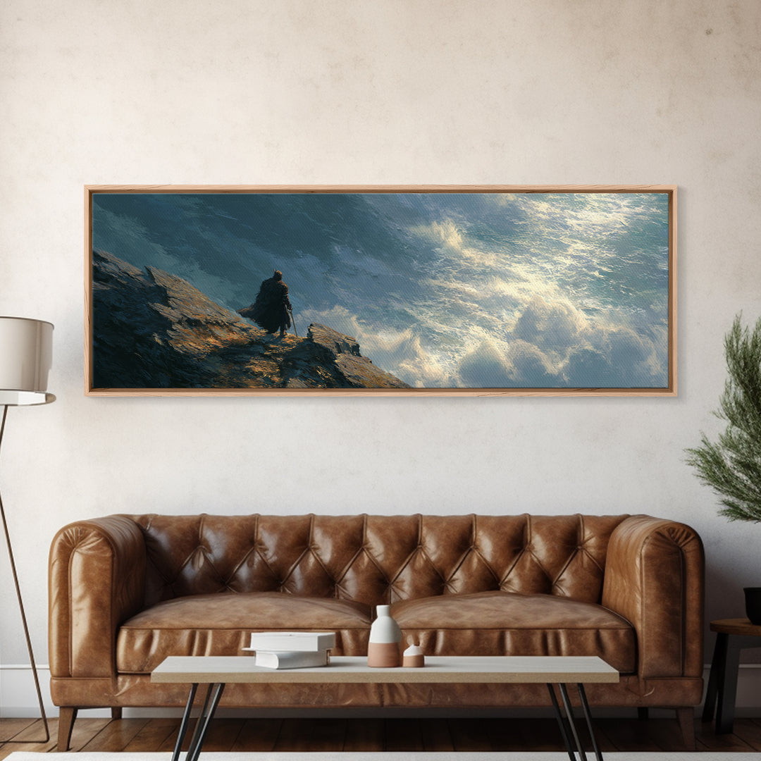 Cloaked Figure Above Crashing Ocean Wall Art, Moody Seascape Framed Canvas Print, Coastal Landscape Living Room Decor Gift