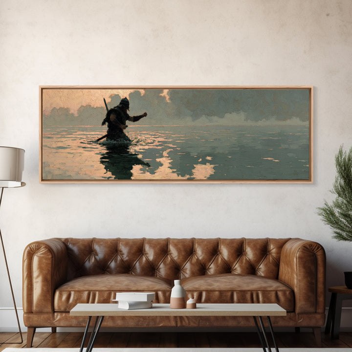 Lone Warrior Wading Through Water Wall Art, Moody Seascape Painting, Dark Fantasy Decor, Cinematic Living Room Print, Gift For Him