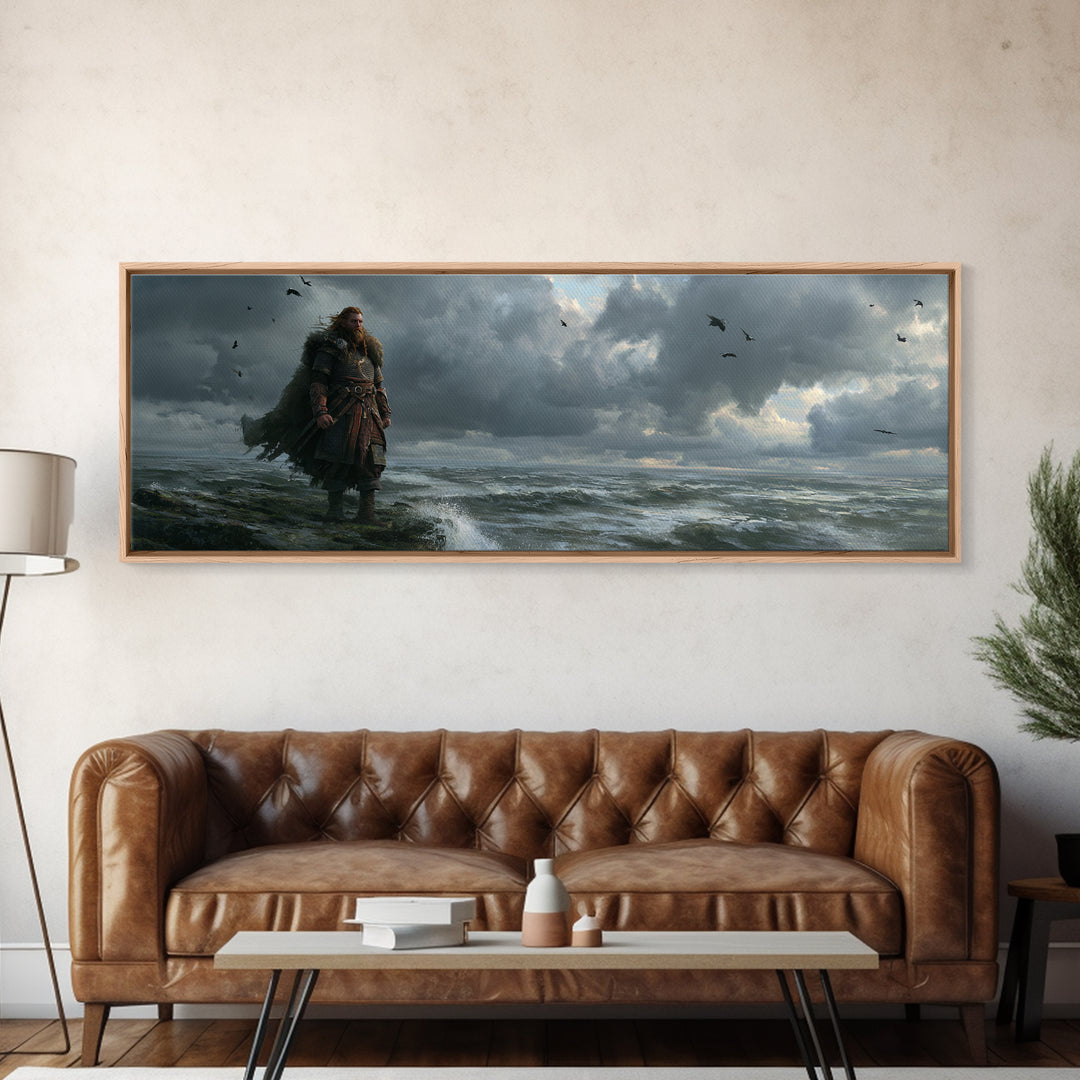 Stormy Viking By Rough Sea Framed Canvas Print, Dark Nordic Warrior Wall Decor, Raven Coastal Fantasy Art For Living Room
