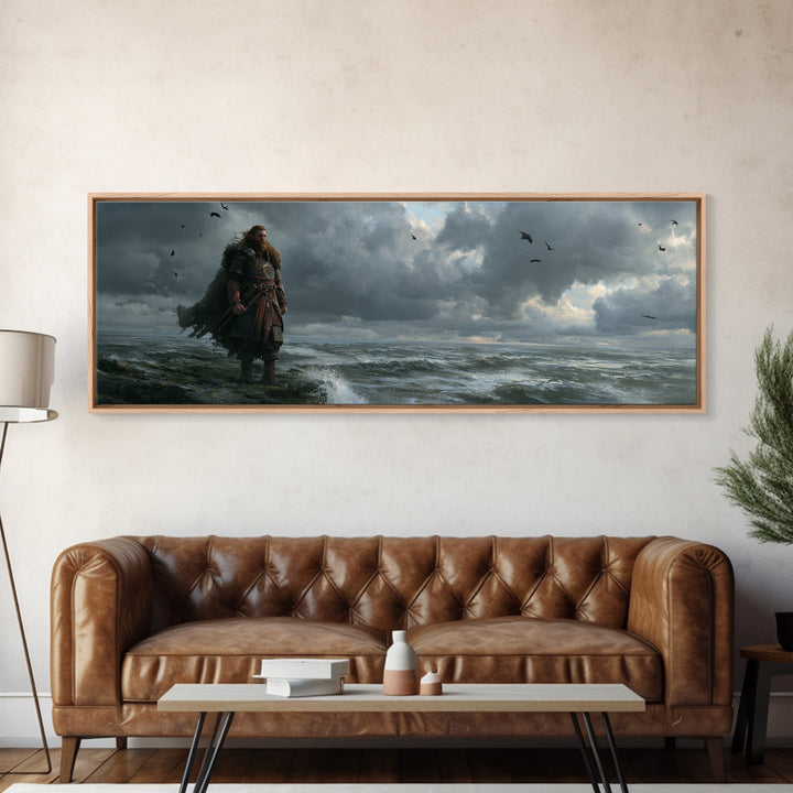 Stormy Viking By Rough Sea Framed Canvas Print, Dark Nordic Warrior Wall Decor, Raven Coastal Fantasy Art For Living Room