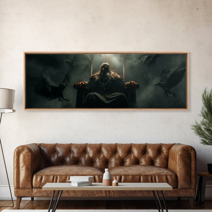 Raven King On Shadow Throne Wall Art, Dark Fantasy Framed Canvas Print, Gothic Castle Decor, Moody Statement Artwork, Game Room Decor