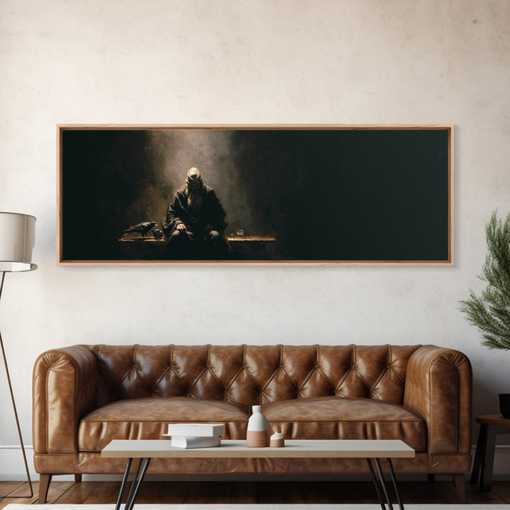 Seated Warrior In Shadow With Raven Framed Canvas Print, Dark Academia Wall Art, Gothic Medieval Decor, Moody Art, Man Cave Decor