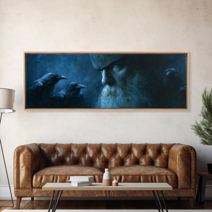 Odin With Ravens In Blue Shadow Canvas Print, Norse Mythology Wall Art, Viking Decor, Dark Academia Gift For Him, Moody Office Decor