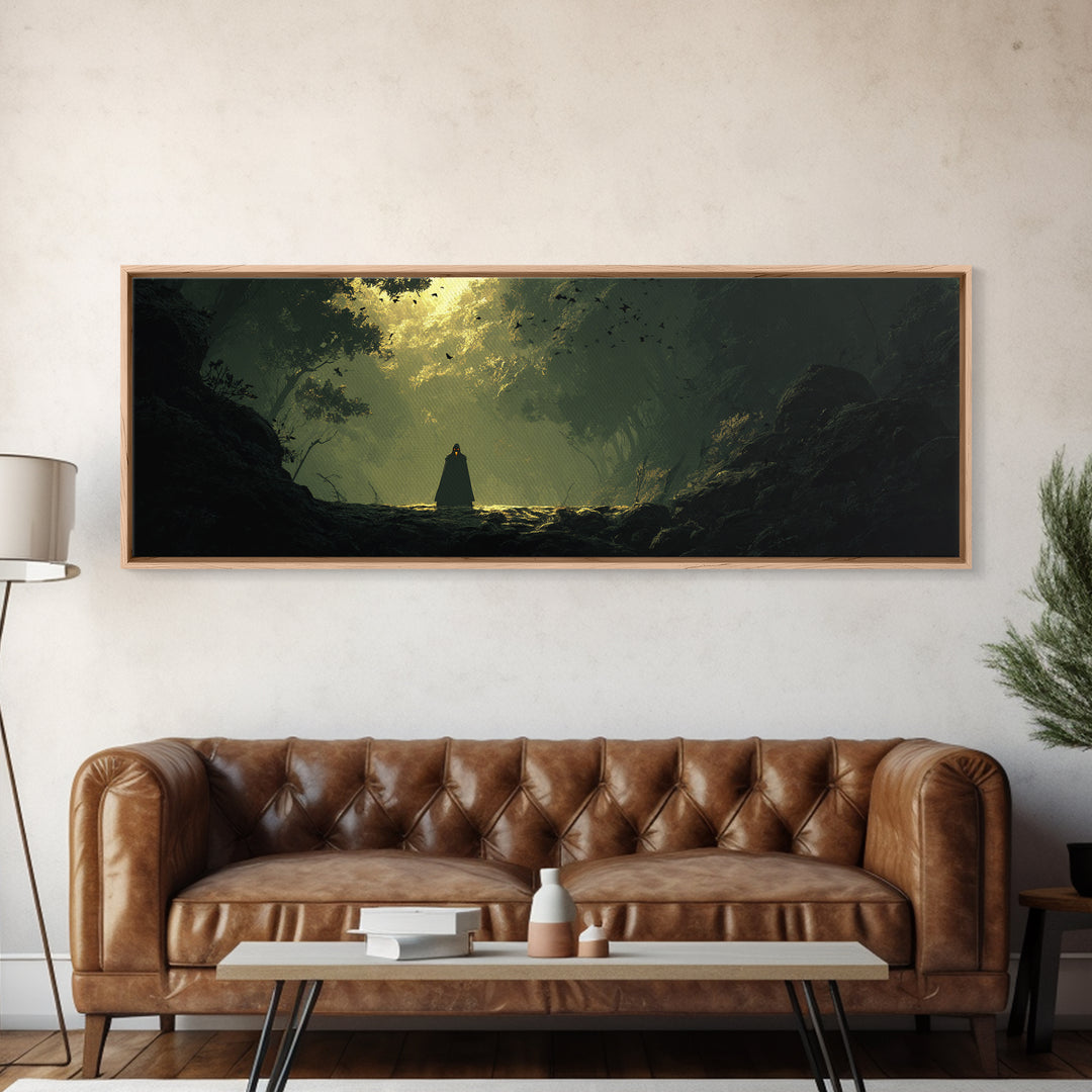Cloaked Figure In Enchanted Forest Canvas Print, Dark Fantasy Landscape Art, Moody Wall Decor, Gothic Home Decor, Gift For Her