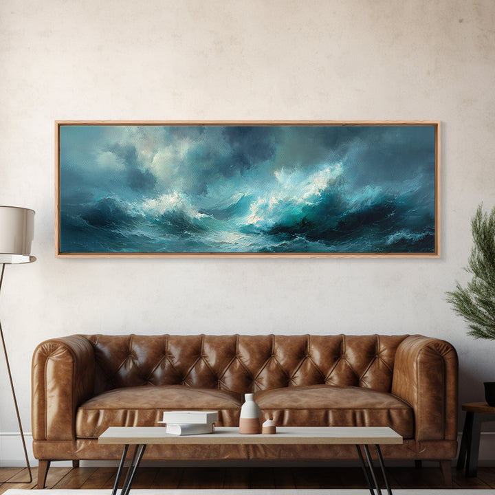 Stormy Teal Ocean Waves Wall Art, Moody Seascape Canvas Print, Coastal Living Room Decor, Large Abstract Ocean Painting Print