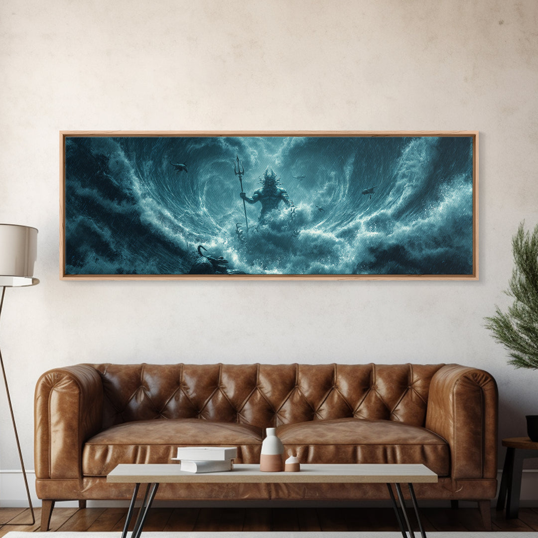Storm God Rising From Ocean Waves Canvas Print, Poseidon Trident Fantasy Art, Dramatic Nautical Wall Decor For Men, Coastal Storm Artwork