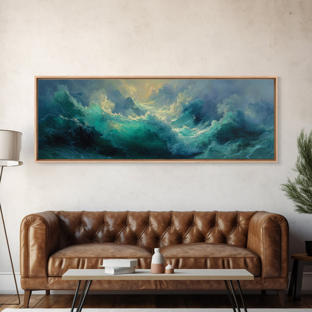 Stormy Turquoise Ocean Waves Framed Canvas Print, Moody Seascape, Coastal Wall Art, Nautical Decor, Large Horizontal Art