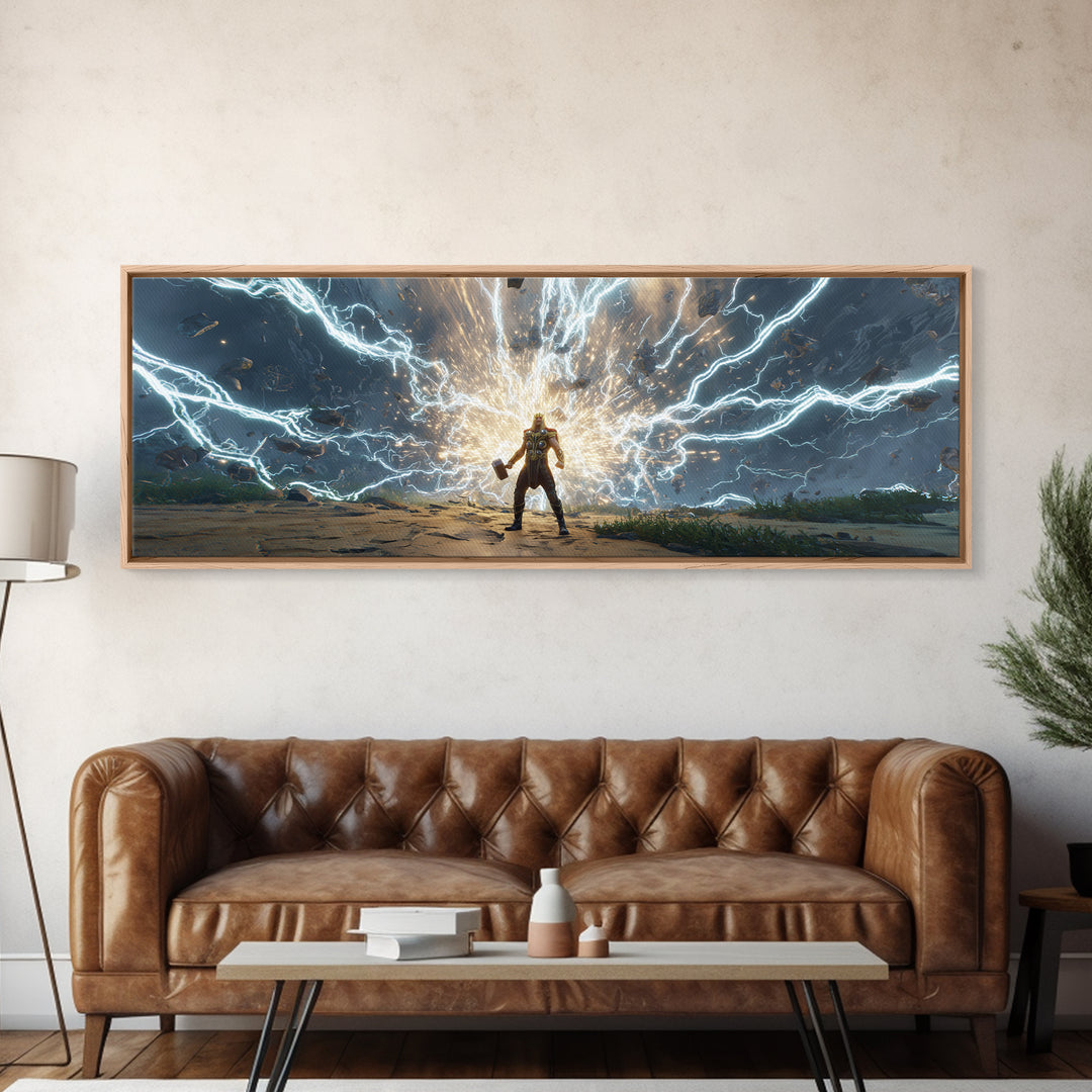 Armored Hero Facing Lightning Portal Canvas Print, Futuristic Sci Fi Wall Art, Cyberpunk Battle Decor, Epic Gaming Room Art