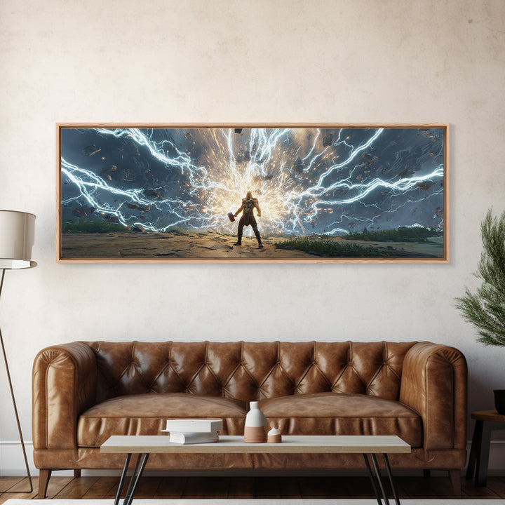 Armored Hero Facing Lightning Portal Canvas Print, Futuristic Sci Fi Wall Art, Cyberpunk Battle Decor, Epic Gaming Room Art