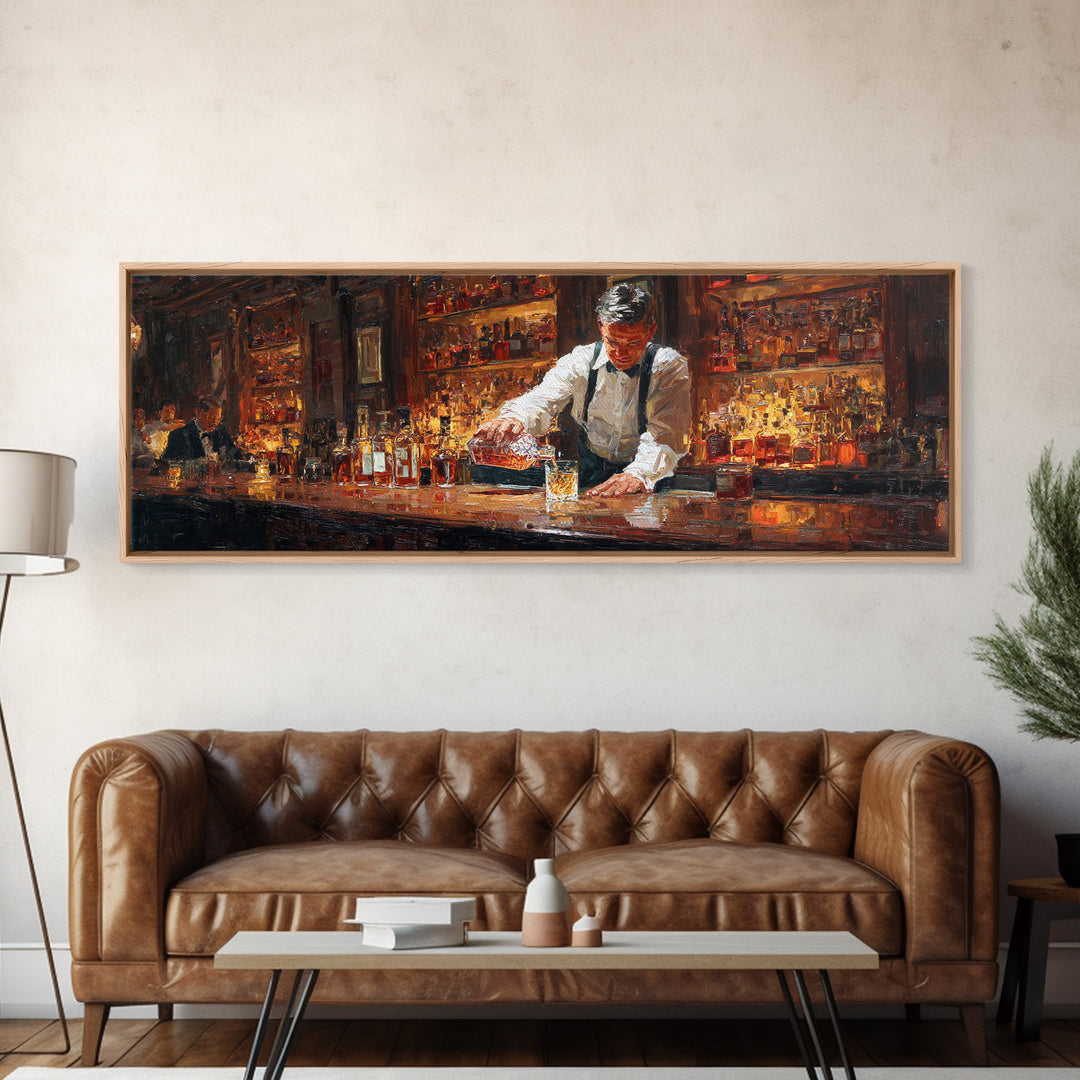 Bartender Pouring Whiskey In Classic Bar Wall Art, Speakeasy Oil Painting Canvas, Masculine Home Bar Decor Print, Gift For Him