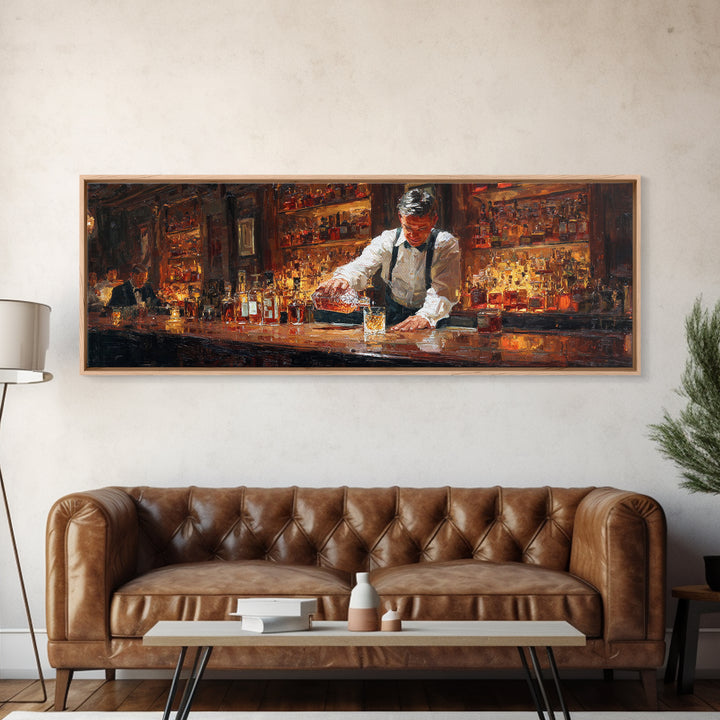 Bartender Pouring Whiskey In Classic Bar Wall Art, Speakeasy Oil Painting Canvas, Masculine Home Bar Decor Print, Gift For Him