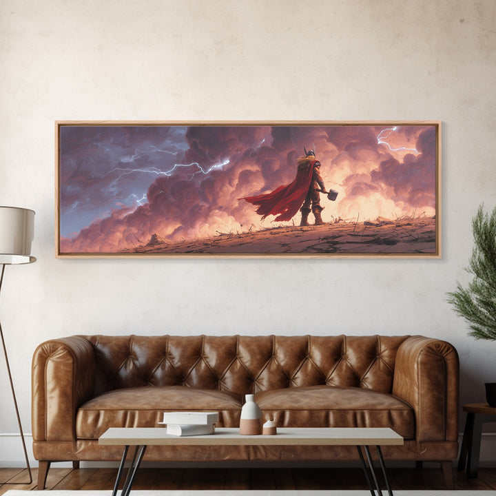 Storm God Warrior With Hammer Canvas Print, Epic Viking Fantasy Wall Art, Thunder Sky Decor, Dramatic Game Room Gift For Him