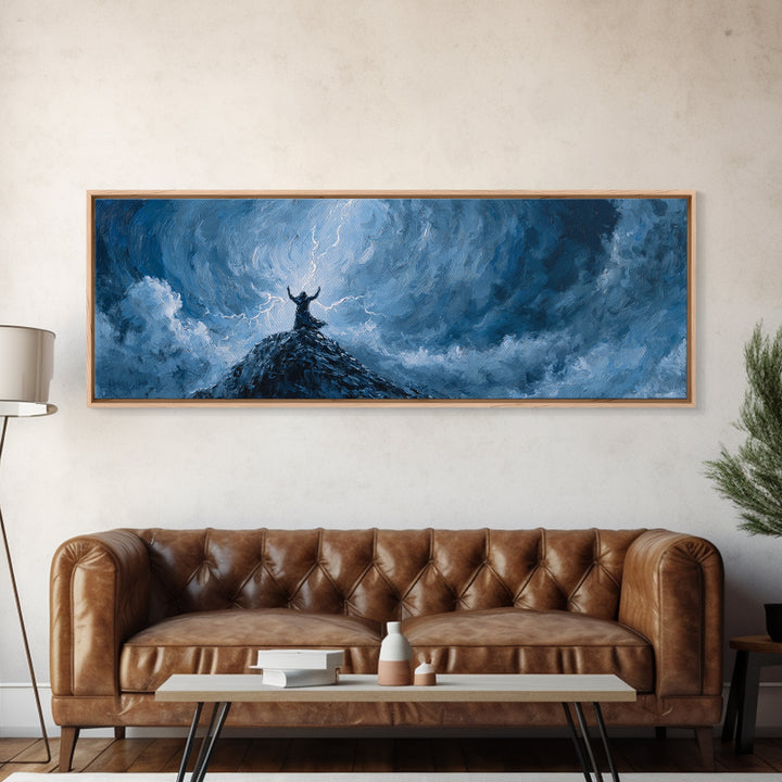 Lone Viking On Stormy Peak Canvas Print, Lightning Sky Wall Art, Norse Mythology Decor, Dramatic Mountain Artwork Gift For Him