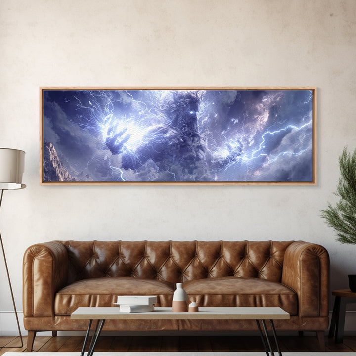 Colossal Storm Titan Wielding Lightning Canvas Print, Mythological Fantasy Wall Art, Thunder God Decor, Epic Mountain Artwork