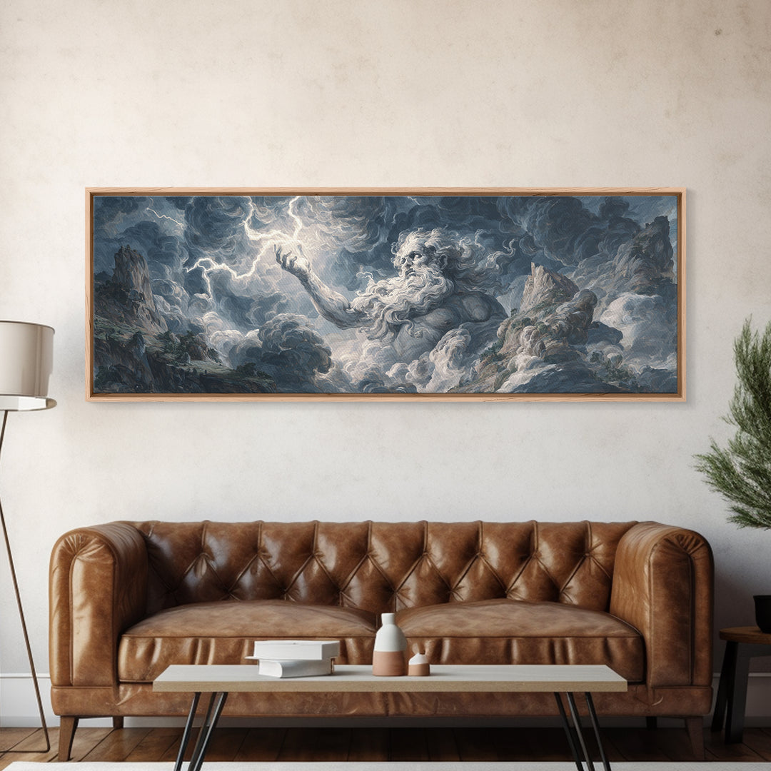 Mythic Storm God In Mountain Clouds Wall Art, Baroque Fantasy Landscape, Lightning Canvas Print, Dramatic Moody Decor, Large Art