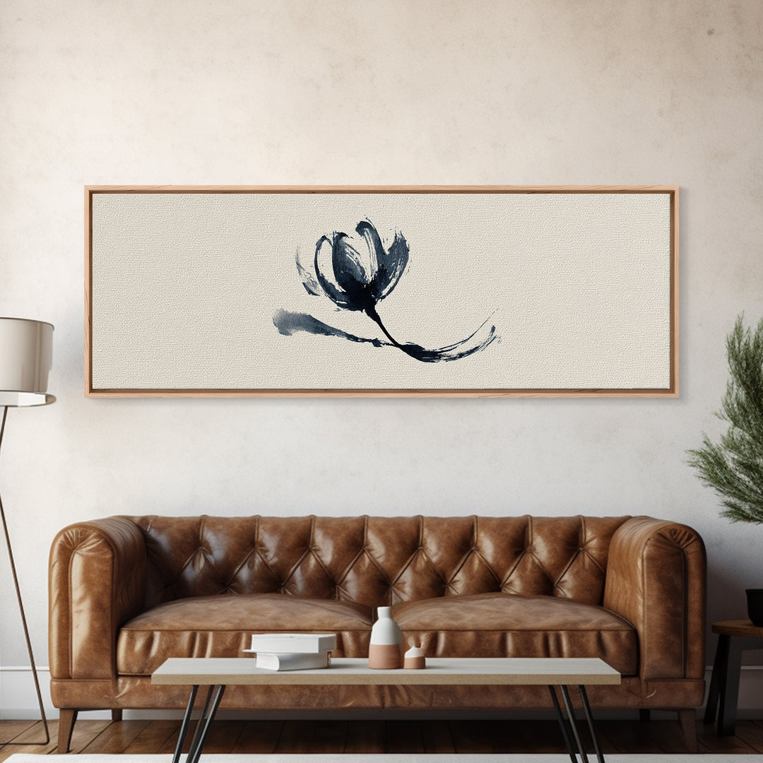 Minimalist Ink Flower On Textured Linen Wall Art, Botanical Canvas Print, Neutral Floral Decor, Japandi Bedroom Wall Art
