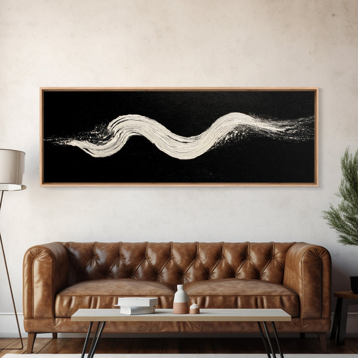 Black And White Brushstroke Wall Art, Minimalist Abstract Canvas Print, Textured Modern Decor, Large Horizontal Art Print