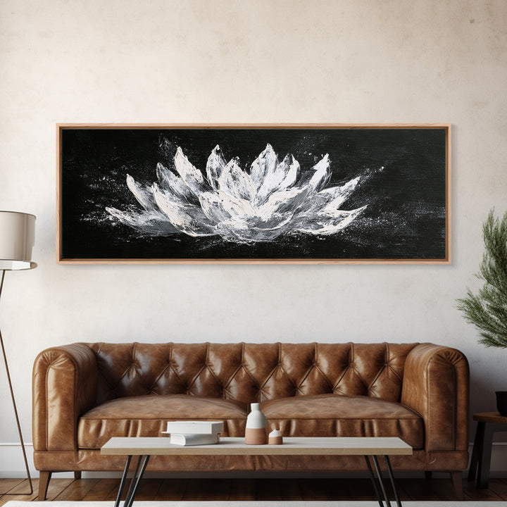 Black And White Lotus Flower Canvas Print, Textured Floral Painting, Minimalist Spa Decor, Elegant Modern Bathroom Wall Art