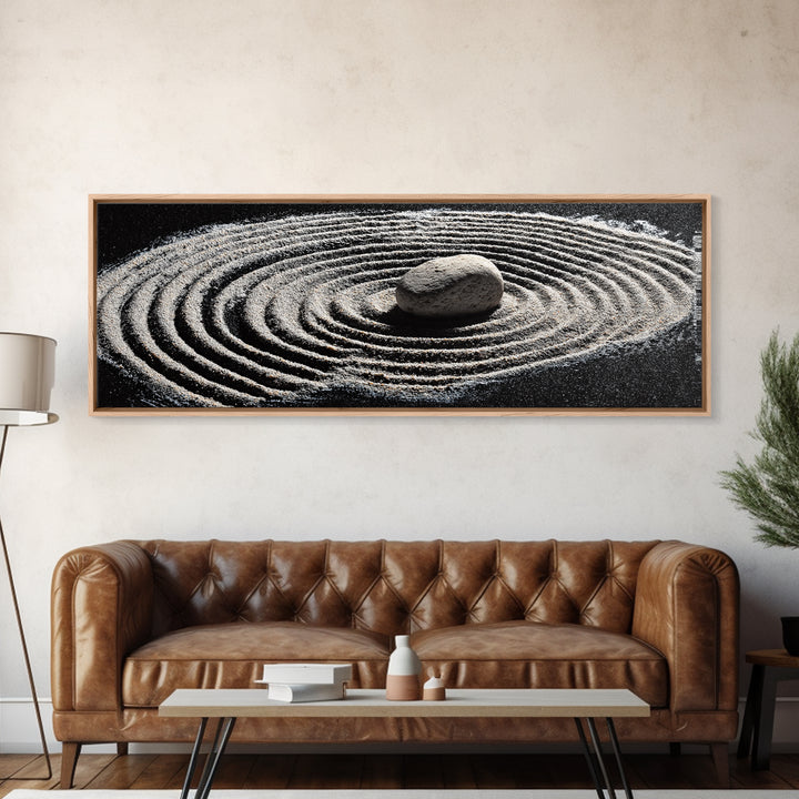 Zen Sand Garden With Center Stone Wall Art, Black And White Minimalist Decor, Japandi Meditation Print For Spa Room, Home Decor