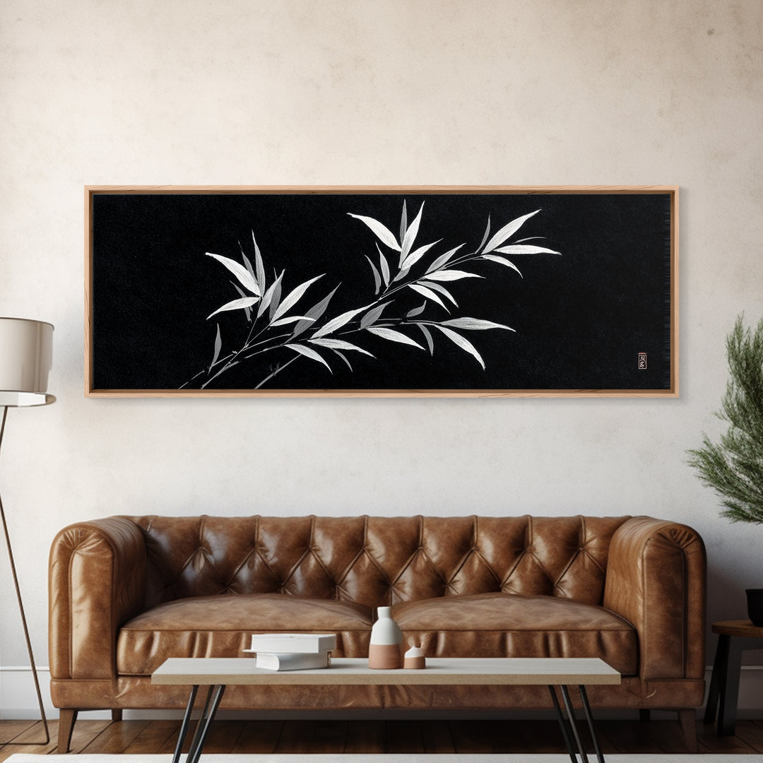 Black And White Bamboo Wall Art, Japanese Botanical Canvas Print, Minimalist Ink Painting, Zen Decor, Japandi Home Decor