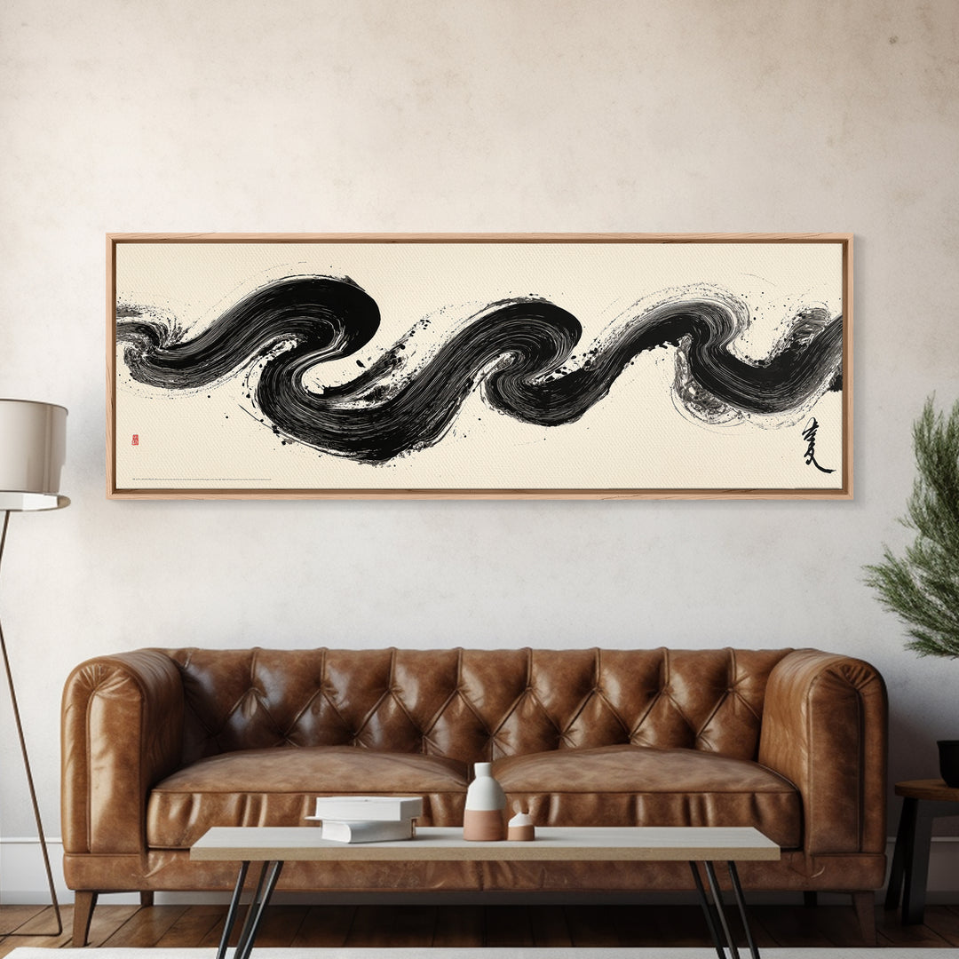 Abstract Black Ink Wave Brushstroke Wall Art, Minimalist Japanese Canvas Print, Zen Calligraphy Decor For Modern Home Wall Decor