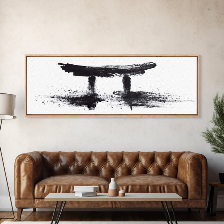 Black Ink Japanese Torii Gate Wall Art, Minimalist Canvas Print, Zen Calligraphy Decor, Black And White Japandi Office Wall Decor
