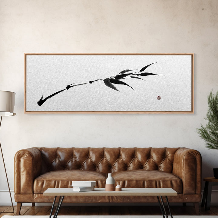 Minimalist Black Bamboo Ink Branch Wall Art, Japanese Zen Canvas Print, Monochrome Botanical Decor, Wabi Sabi Office Art