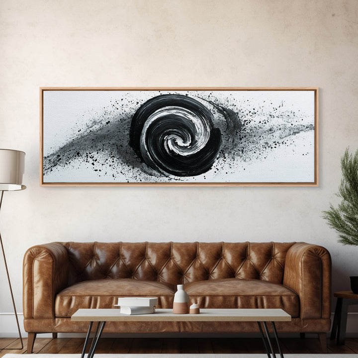 Black And White Spiral Wall Art, Abstract Ink Brush Circle Canvas Print, Monochrome Modern Office Decor, Minimalist Art Print
