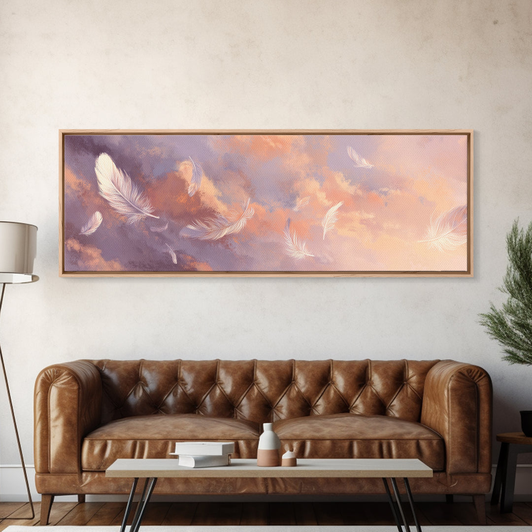 Floating White Feathers Canvas Print, Pastel Sky Wall Art, Dreamy Cloud Decor, Calming Bedroom Or Nursery Artwork Gift For Her