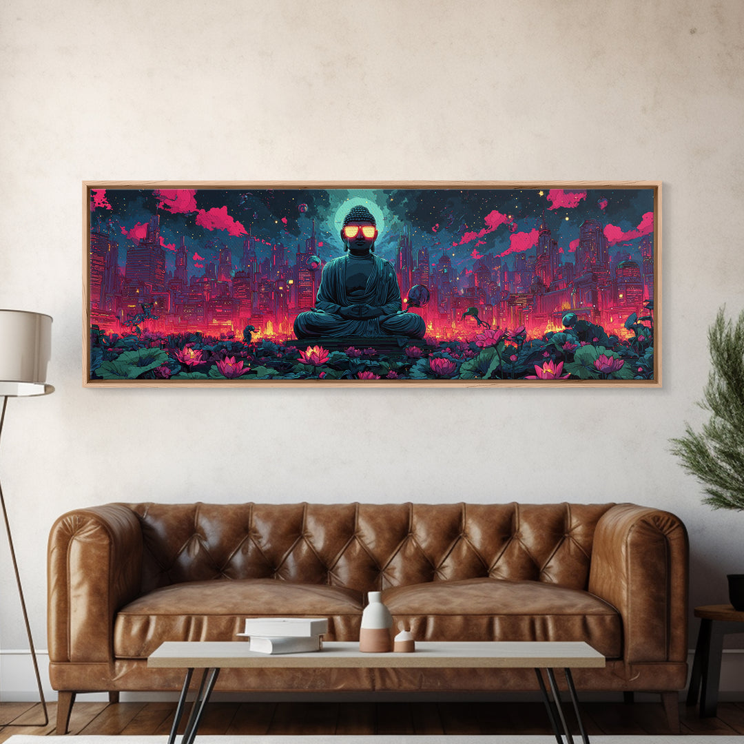 Neon Cyberpunk Buddha City Canvas Print, Futuristic Wall Art, Meditation Decor, Lotus Garden, Gaming Room Poster, Sci Fi Home Decor