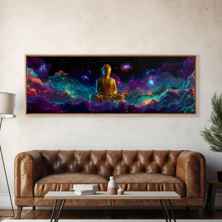 Golden Buddha In Cosmic Nebula Clouds Wall Art, Meditation Room Decor, Spiritual Canvas, Yoga Studio, Celestial Print Gift