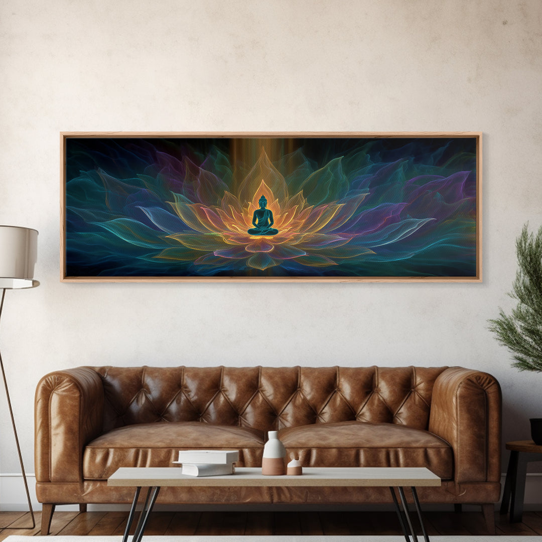 Glowing Buddha Lotus Meditation Canvas Print, Spiritual Zen Wall Decor, Yoga Room Art, Sacred Geometry, Calming Home Decor