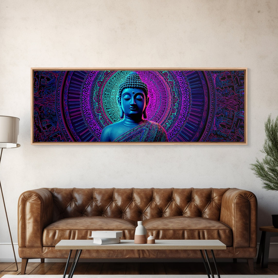 Neon Blue Buddha Meditation Wall Art, Framed Canvas Print, Zen Spiritual Decor, Mandala Yoga Room And Calming Spa Wall Decor