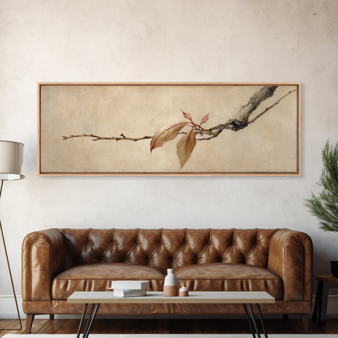 Sepia Autumn Branch Wall Art, Wabi Sabi Botanical Print, Japanese Inspired Decor, Neutral Nature Art, Framed Canvas Print