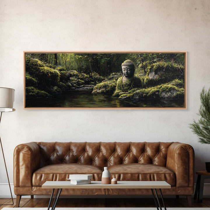 Mossy Buddha Forest Stream Wall Art, Zen Meditation Canvas Print For Spa Decor, Japandi Bathroom Decor And Nature Wall Art